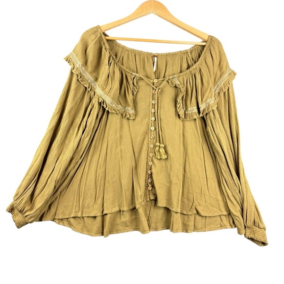EUC Free People Oversized Olive Button-Front Peasant Blouse Sz S - Picture 3 of 16